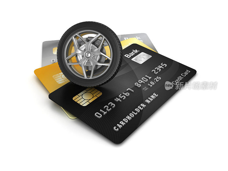 信用卡与汽车车轮- 3D渲染